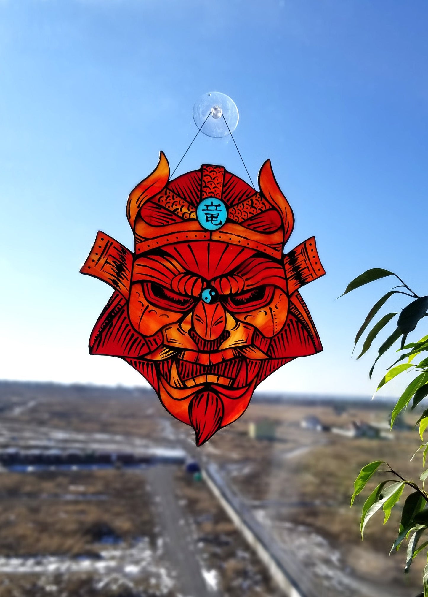 Handmade red samurai oni mask stained glass suncatcher — Japanese anime warrior window art gift for him
