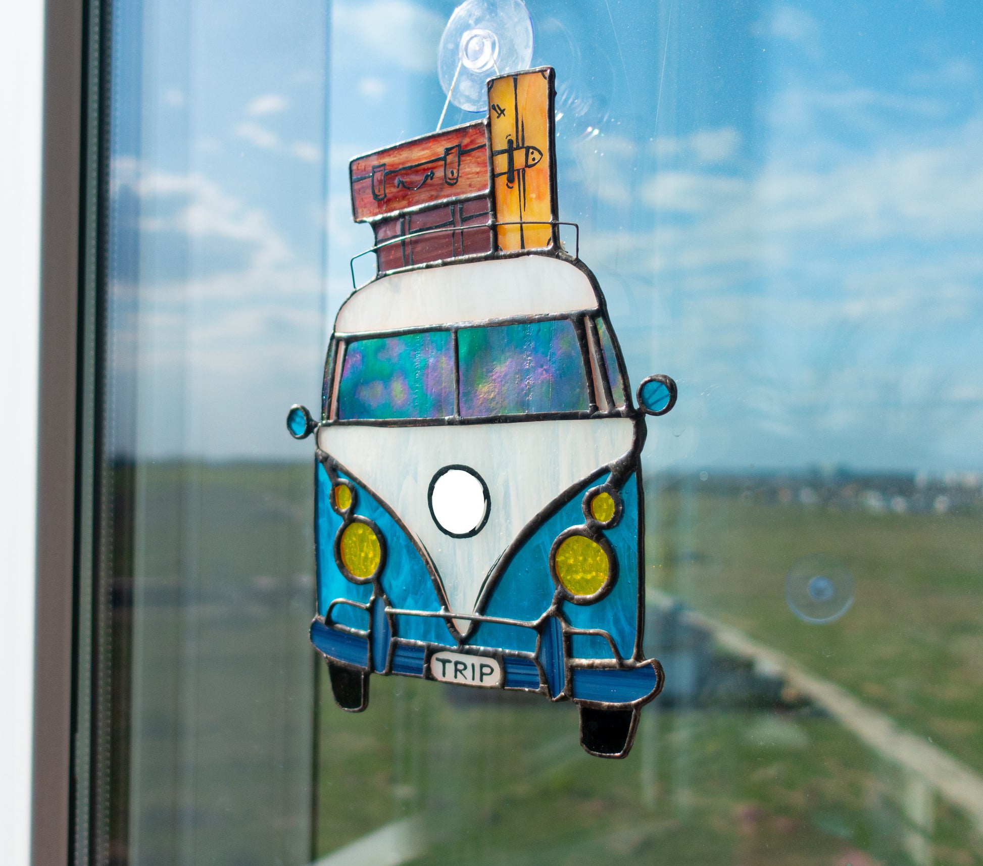 Retro van suncatcher — stained glass window decor, travel adventure gift for van lifers