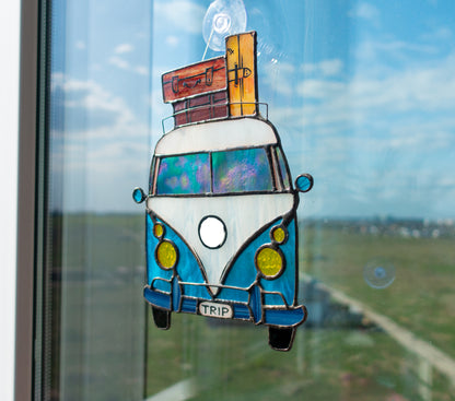 Retro van suncatcher — stained glass window decor, travel adventure gift for van lifers