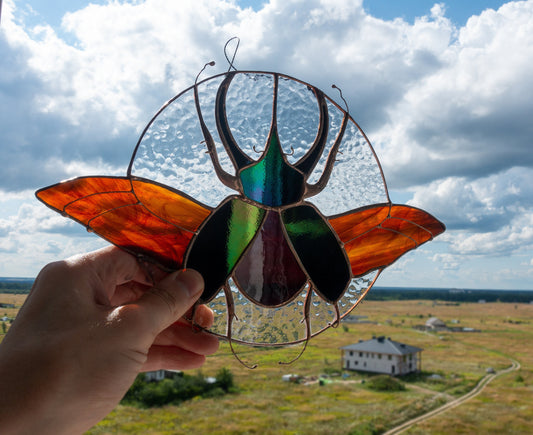 Rhinoceros beetle scarab stained glass suncatcher — window hanging entomology lover gift