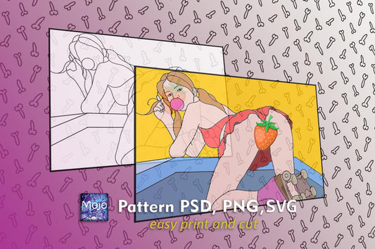 Roller skate girl stained glass pattern SVG PSD download — retro pop art feminine DIY template