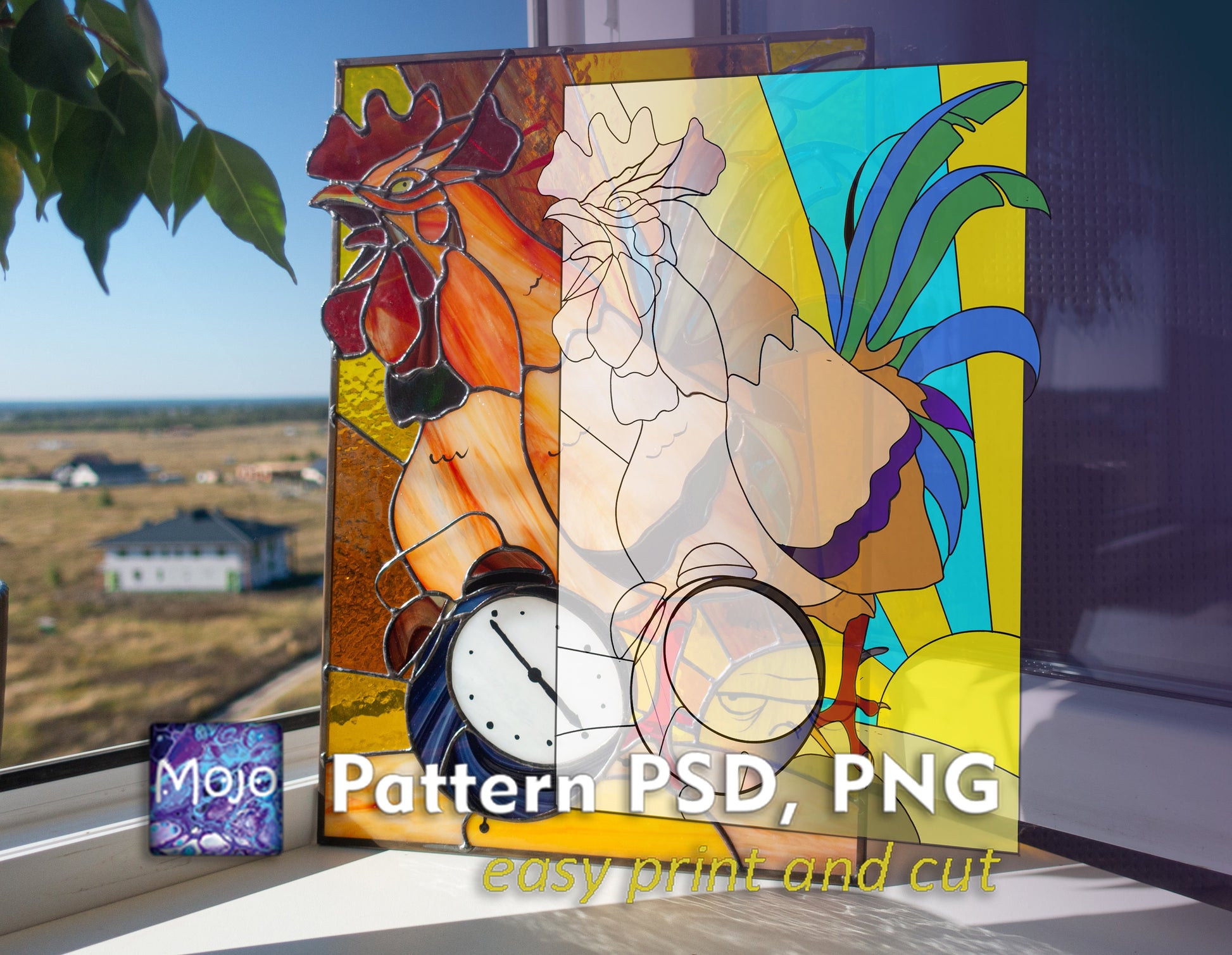 Rooster cuckoo stained glass pattern SVG PSD download — funny farm bird DIY suncatcher template