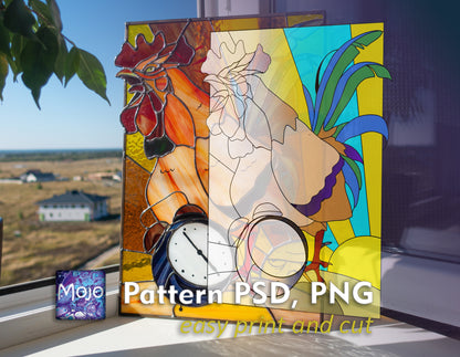 Rooster cuckoo stained glass pattern SVG PSD download — funny farm bird DIY suncatcher template