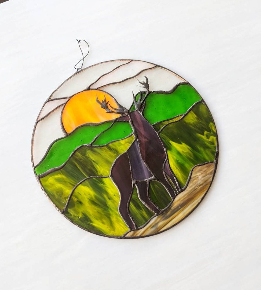 Round deer stained glass panel — Father's Day hunting cabin gift, nature lover decor, handmade in Ukraine