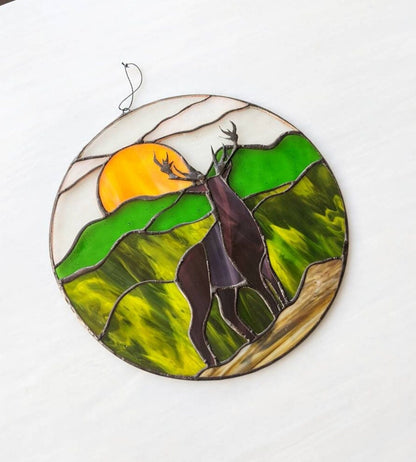 Round deer stained glass panel — Father's Day hunting cabin gift, nature lover decor, handmade in Ukraine