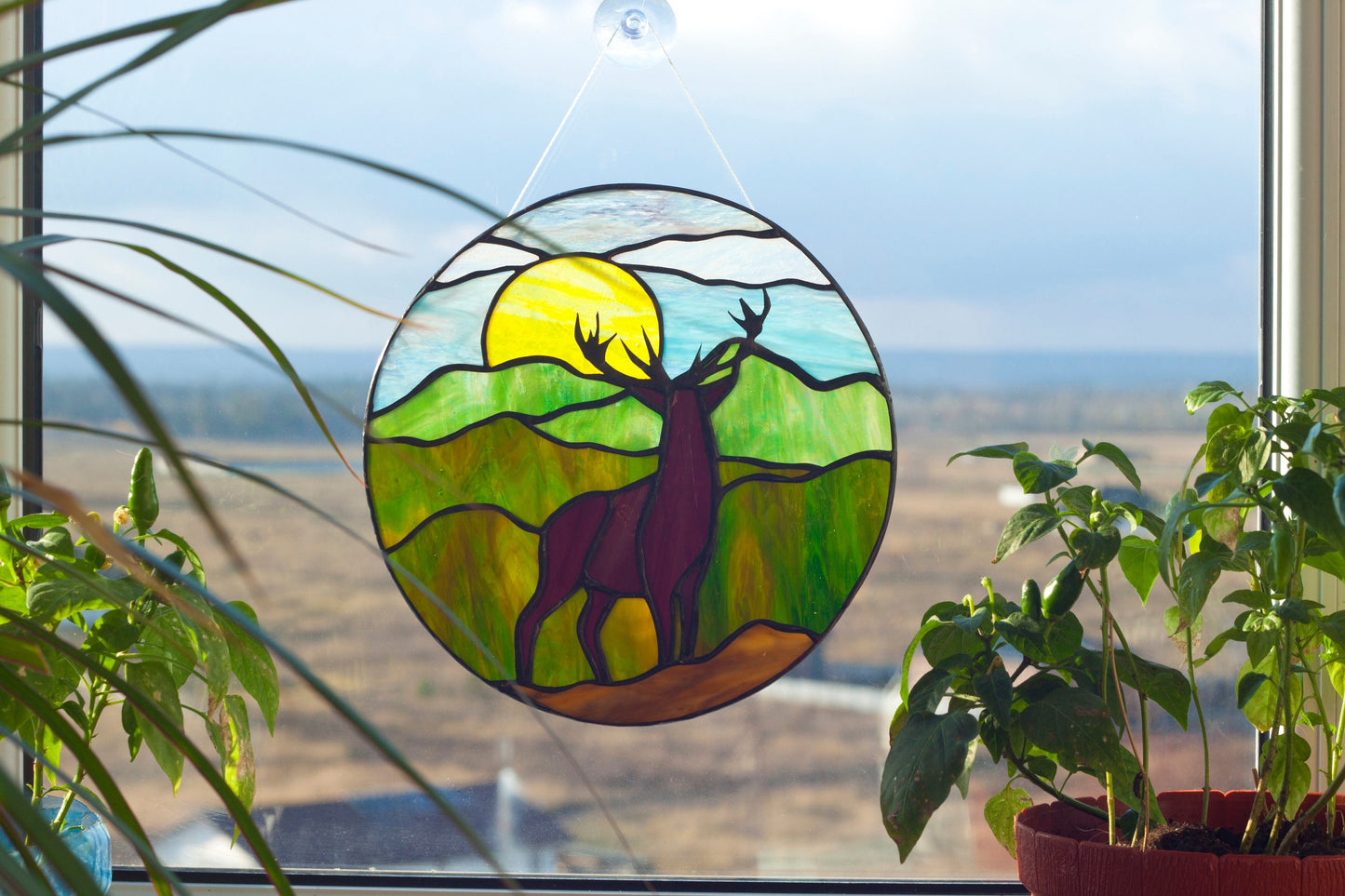 Round Stained Glass Panel — deer landscape sunset, handmade nature window art, Mojoartglass