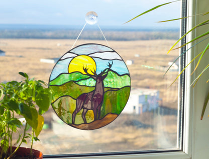Handmade round deer stained glass panel — copper foil Tiffany technique, misty valley sunset, made in Ukraine