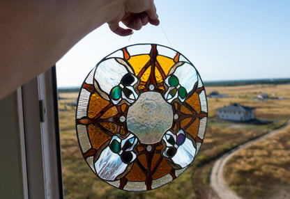 Round skull stained glass panel hanging in window — spooky Halloween decor, unique gothic gift, Mojoartglass