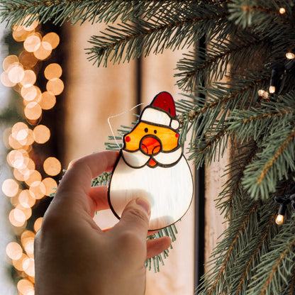 Handmade Santa Claus stained glass suncatcher — copper foil Tiffany technique, red white glass, made in Ukraine