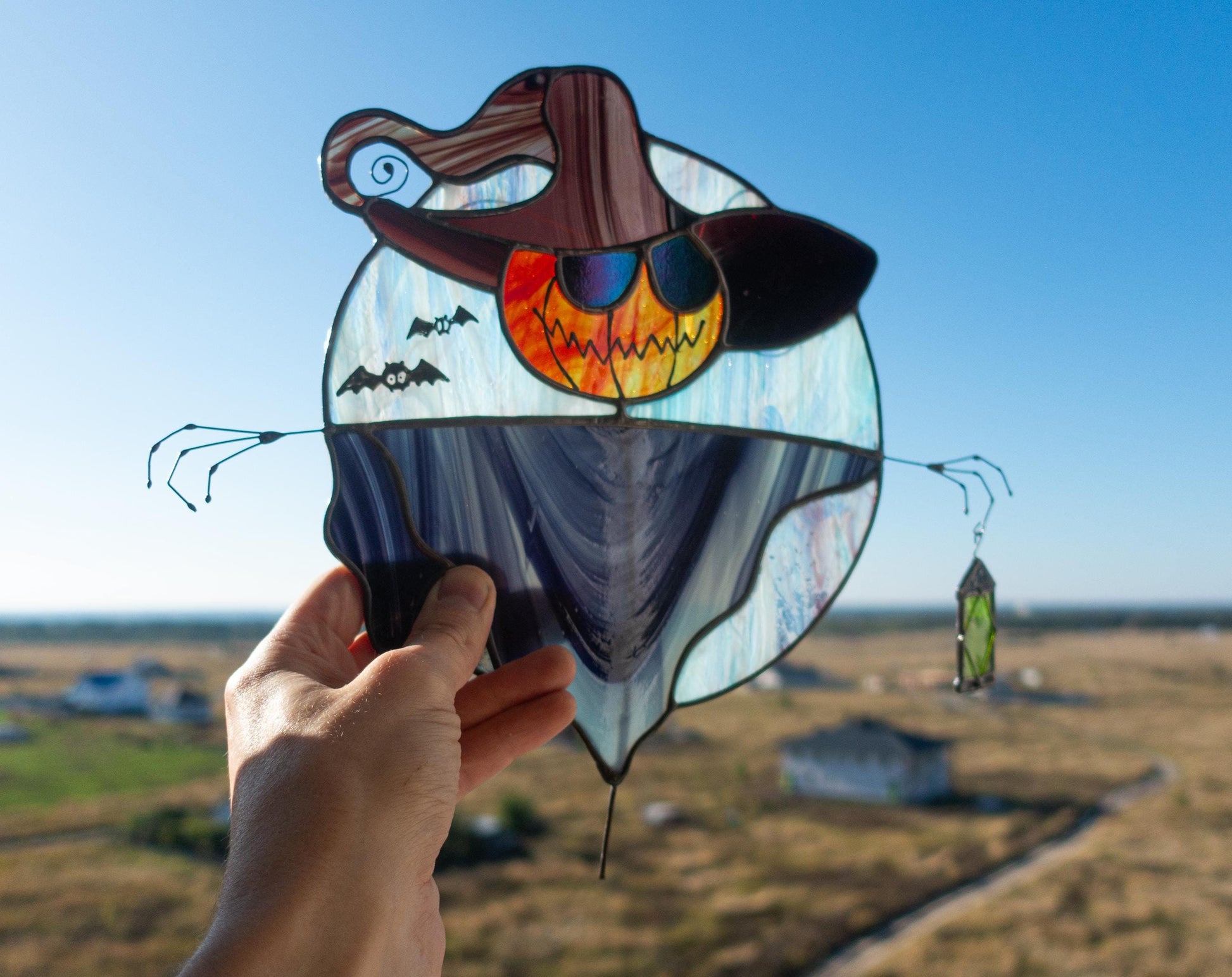 Halloween Scarecrow Stained Glass Suncatcher — pumpkin head moon window art, Mojoartglass