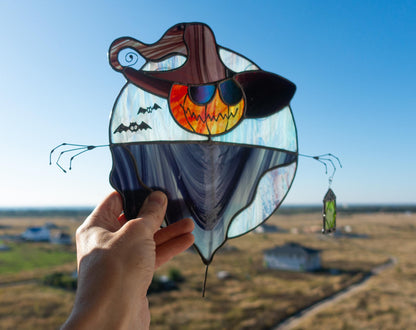 Halloween Scarecrow Stained Glass Suncatcher — pumpkin head moon window art, Mojoartglass