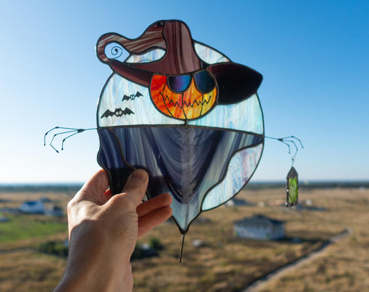 Halloween Scarecrow Stained Glass Suncatcher — pumpkin head moon window art, Mojoartglass