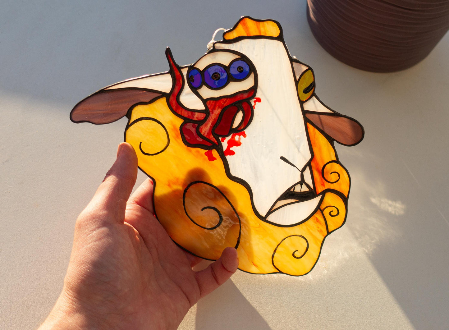 Surreal Sci-Fi Sheep Stained Glass Suncatcher — handmade cyberpunk horror window art, Mojoartglass