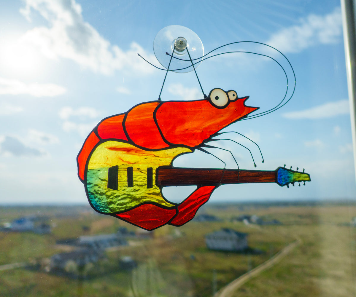 Djent Shrimp Handmade Stained Glass Suncatcher Metal Guitar Meme Window Art