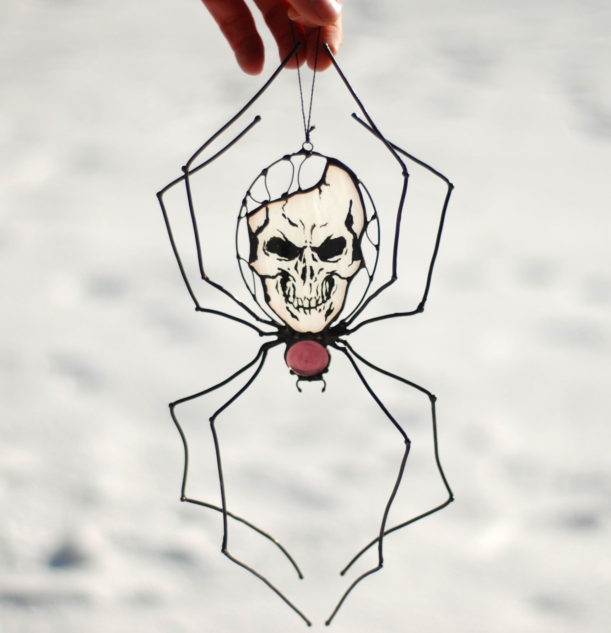 Spider with skull stained glass suncatcher — haunted Halloween window art gothic horror gift