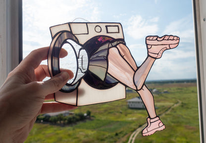 Stuck in washing machine stained glass suncatcher — funny meme window art weird home decor