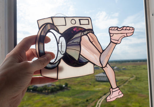 Stuck in washing machine stained glass suncatcher — funny meme window art weird home decor