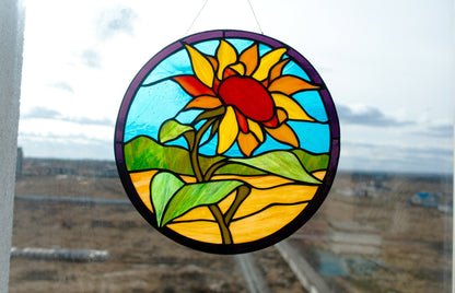 Handmade sunflower landscape round stained glass suncatcher — summer field Ukrainian nature window art gift for her