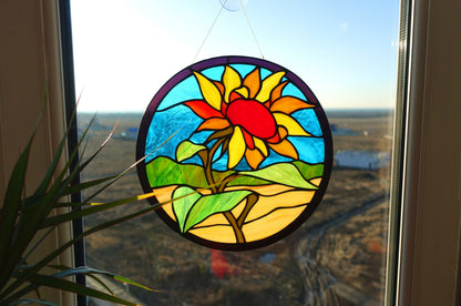Sunflower landscape round stained glass suncatcher — summer field window art Ukraine nature gift