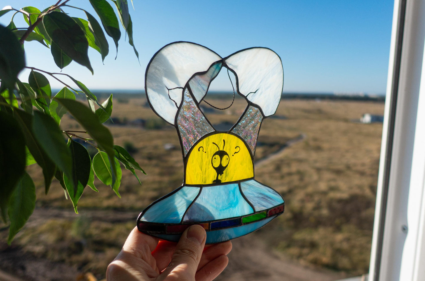 Handmade stained glass UFO fried egg suncatcher with alien pilot — copper foil Tiffany method, Mojoartglass