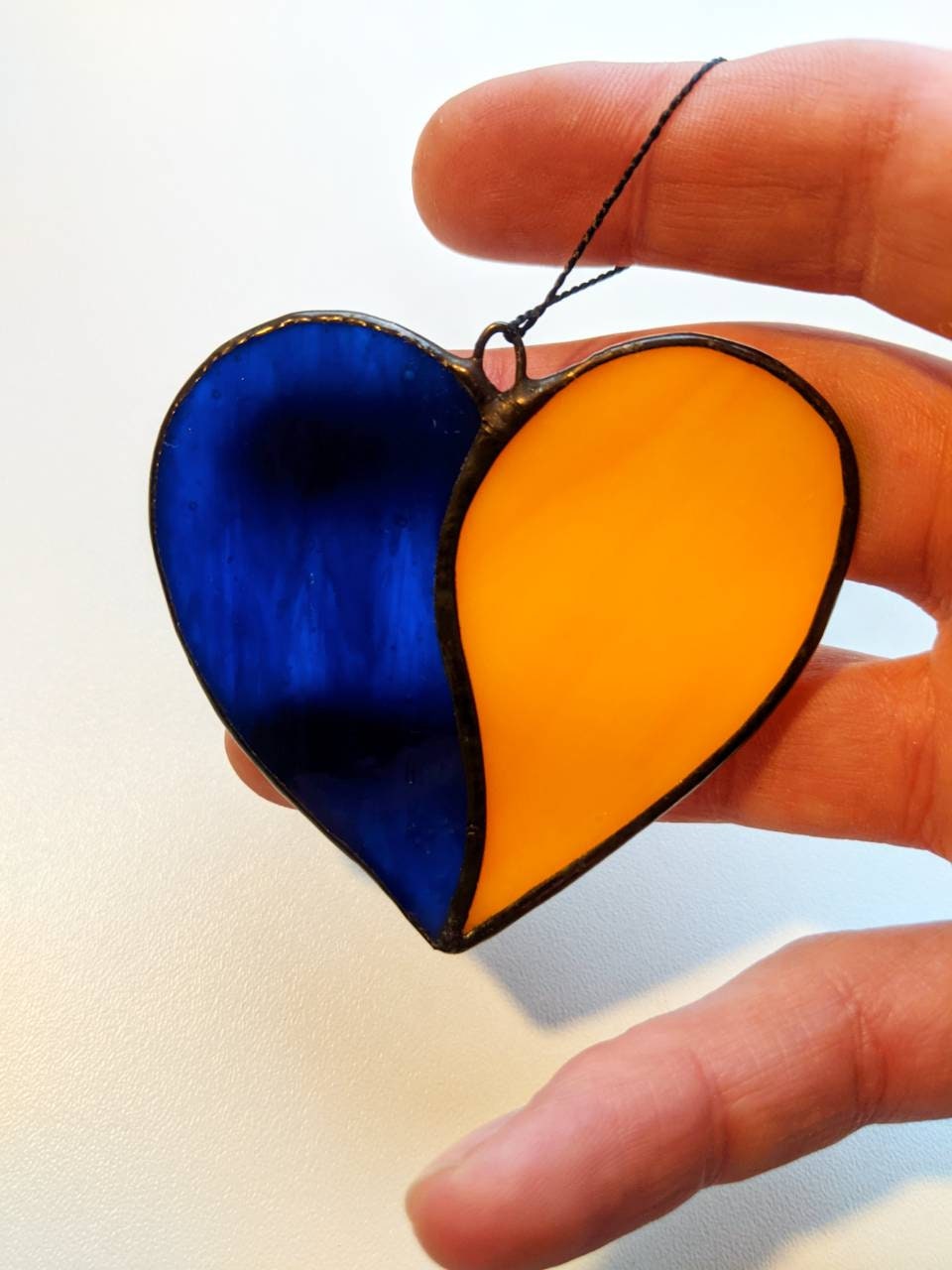 Handmade Ukrainian  heart stained glass suncatcher — patriotic window art gift for Ukraine lovers