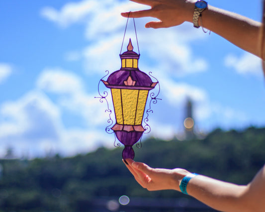 Handmade stained glass Victorian street lamp suncatcher — warm amber gas lantern window art, copper foil Tiffany method, Mojoartglass