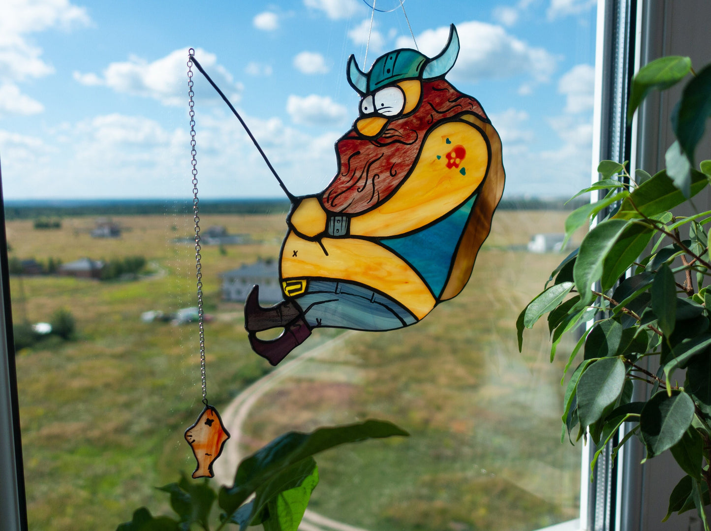 Viking fishing stained glass suncatcher — chonky Norse warrior funny fishing gift for him