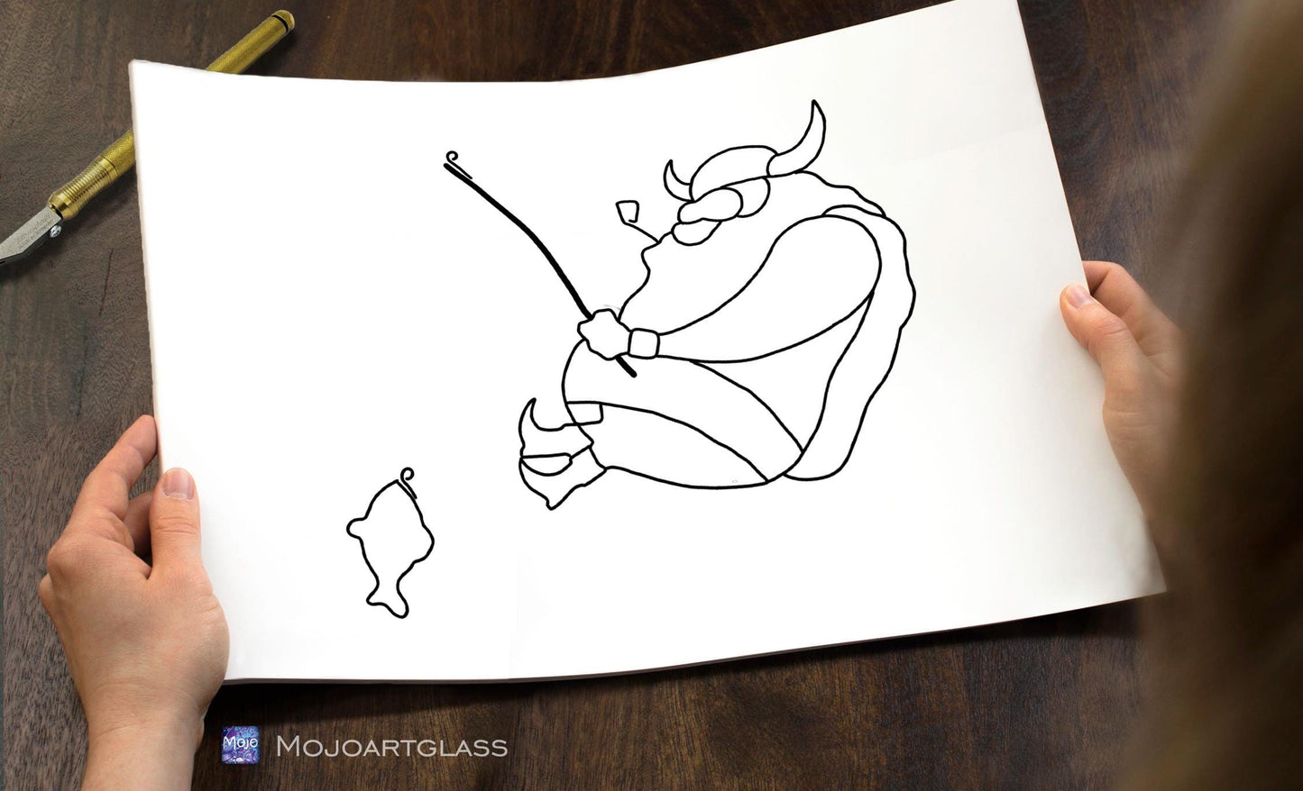 Funny Viking fisherman stained glass DIY suncatcher — Norse mythology window panel pattern SVG PSD
