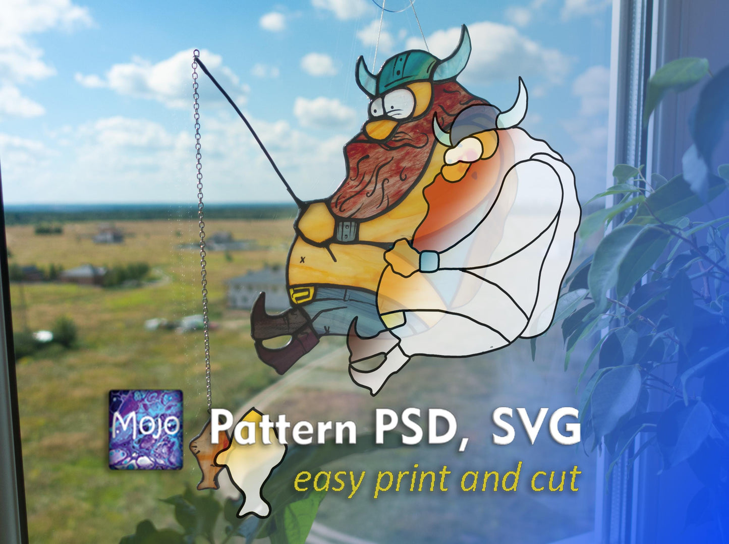 Viking fishing stained glass pattern SVG PSD download — funny Norse DIY suncatcher template