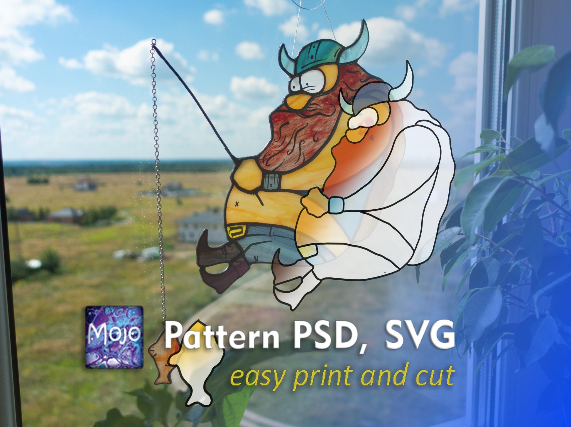 Viking fishing stained glass pattern SVG PSD download — funny Norse DIY suncatcher template