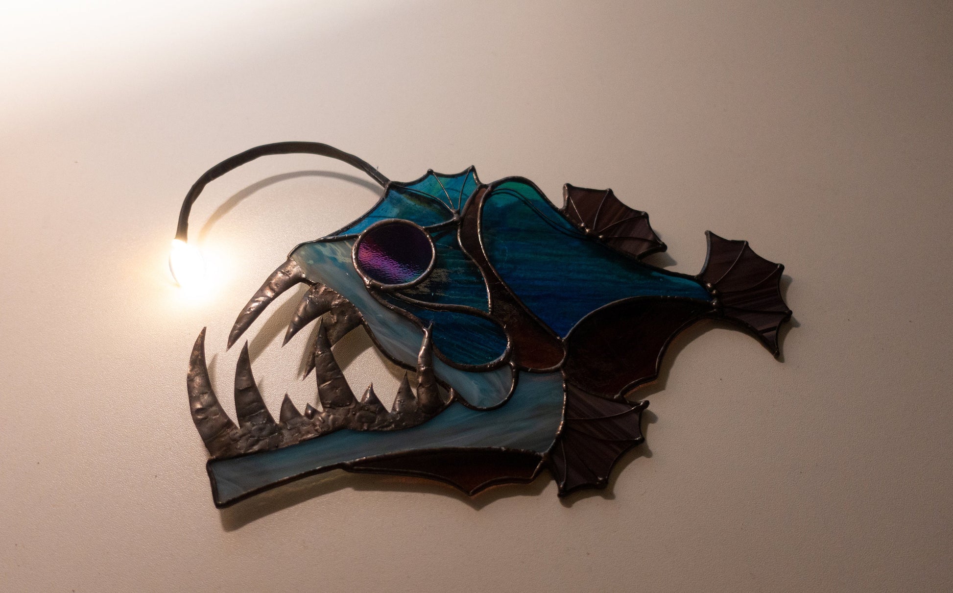 Handmade anglerfish stained glass suncatcher — deep sea horror window art unique fish lover gift