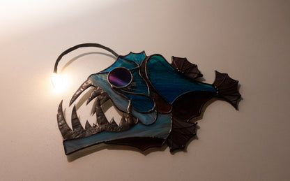Handmade anglerfish stained glass suncatcher — deep sea horror window art unique fish lover gift