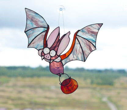 Spooky bat pumpkin stained glass art — dark wings orange glass, Halloween home decor, Kyiv artist

