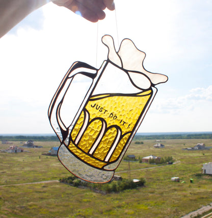Golden amber glass beer glass suncatcher — copper foil Tiffany method, made in Ukraine

