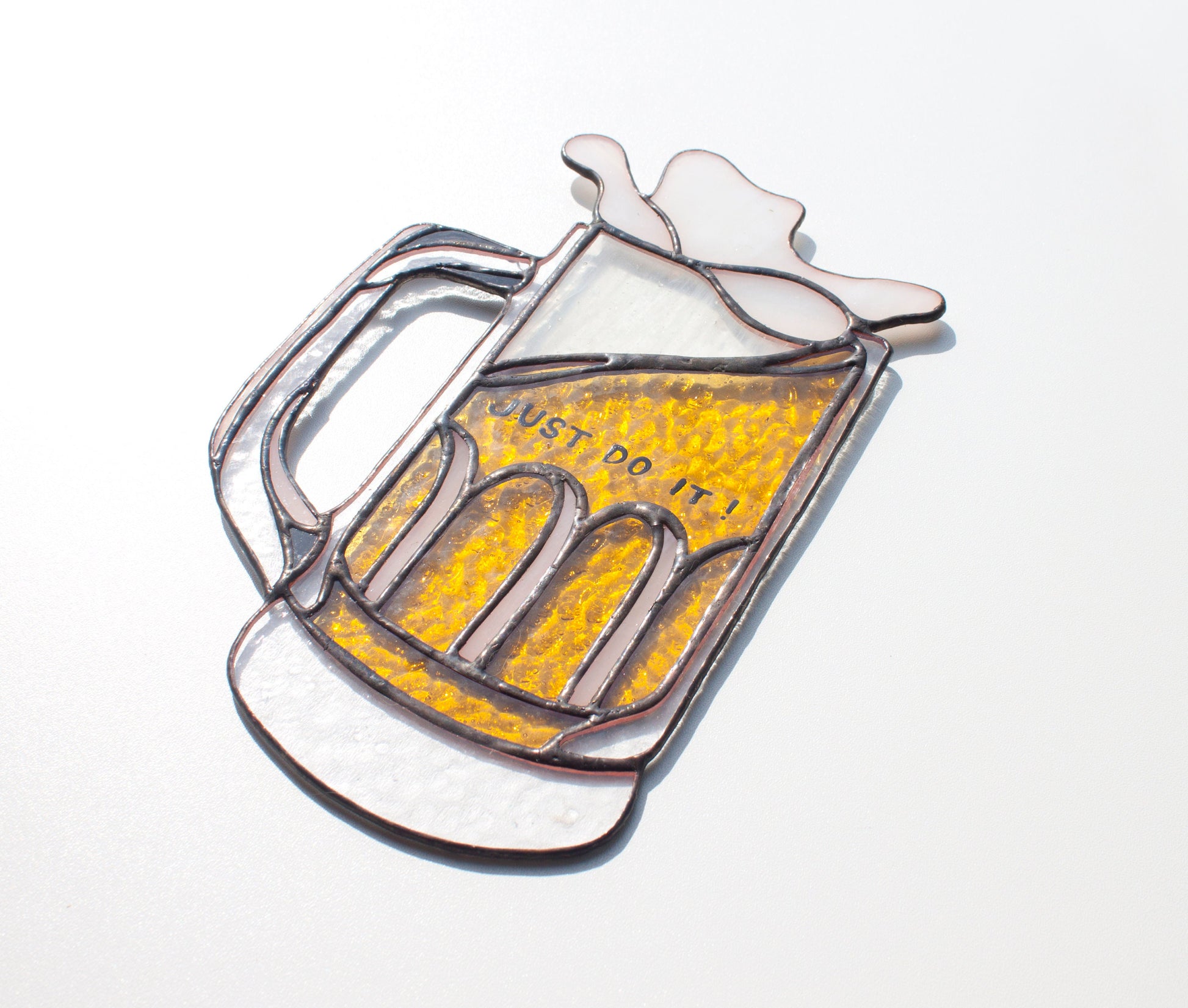 Just Drink It stained glass beer art — warm amber glass, gift for beer lovers, Kyiv artist

