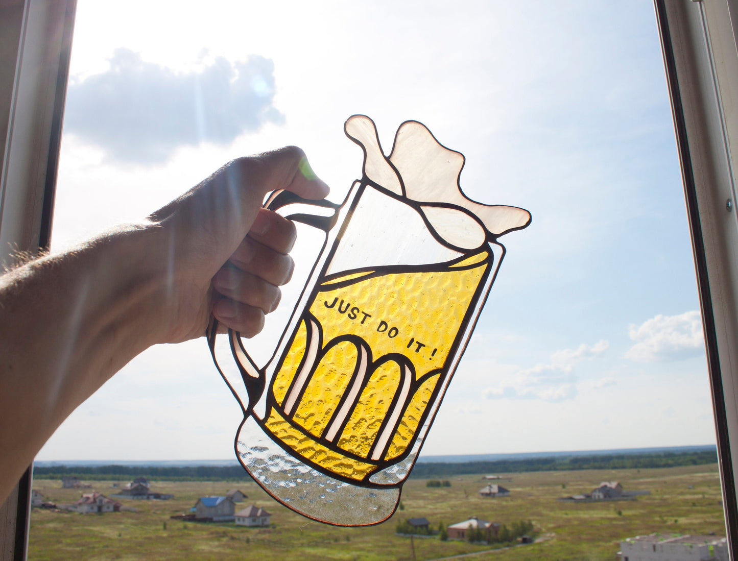 Handmade stained glass beer pint suncatcher — funny pub window art, Mojoartglass

