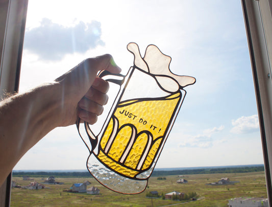 Handmade stained glass beer pint suncatcher — funny pub window art, Mojoartglass

