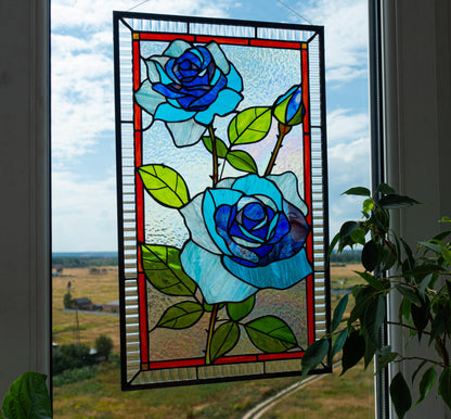 Handmade blue rose stained glass suncatcher — floral window panel home decor gift
