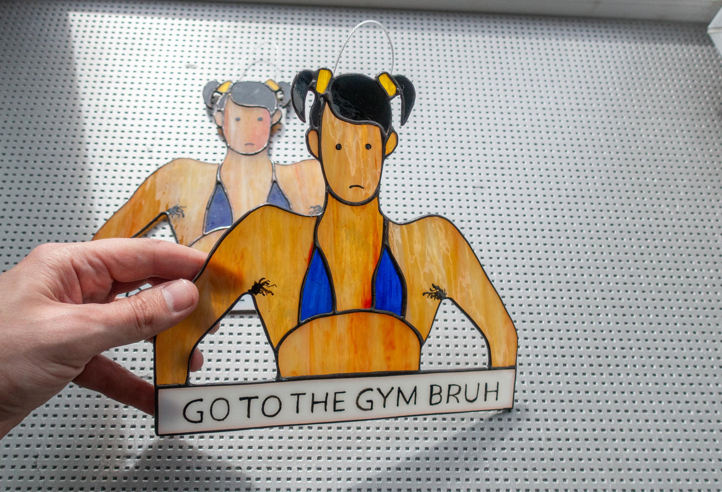 Funny stained glass bodybuilder suncatcher — white elephant gift for gym lovers, handmade in Ukraine