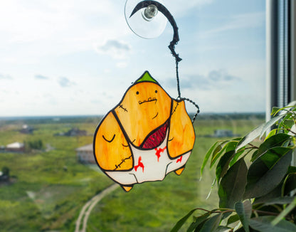 Handmade stained glass zombie butcher suncatcher with hook — gothic horror window art, Mojoartglass

