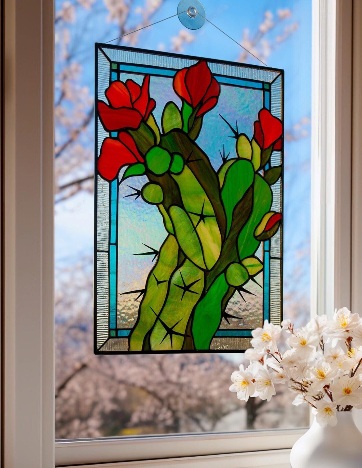 Handmade stained glass blooming cactus panel — desert floral window art, Mojoartglass