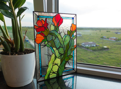 Blooming cactus stained glass — warm green terracotta glass, copper foil Tiffany method, made in Ukraine