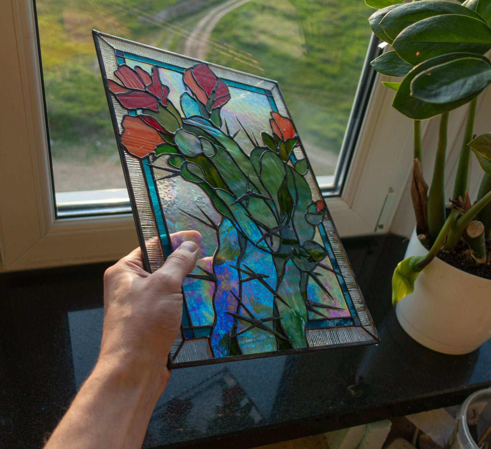 Blooming cactus panel hanging in window — 370×260mm, desert botanical home decor