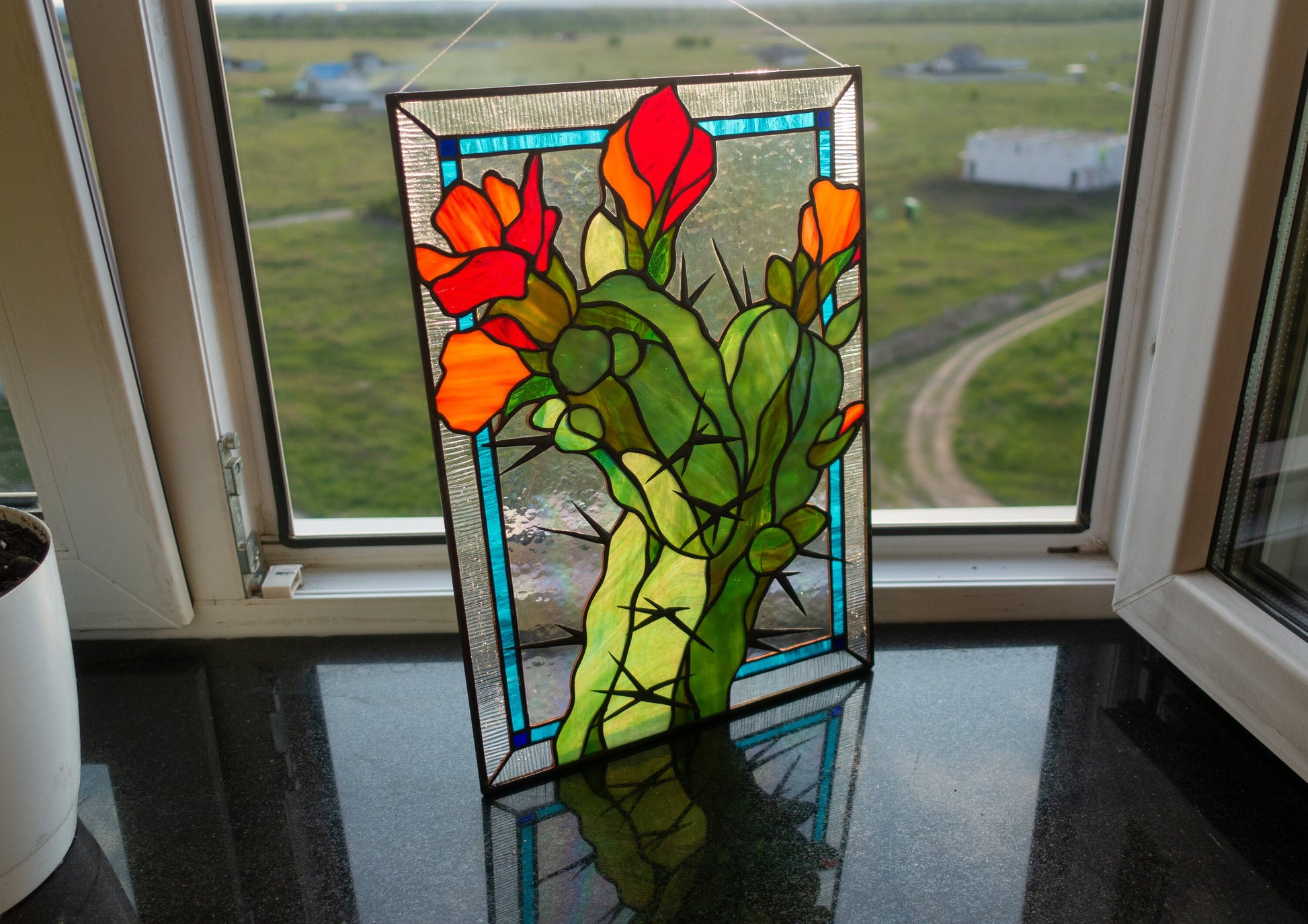 Stained glass cactus in bloom art — hand-cut spines and flower detail, plant lover gift, Kyiv artist

