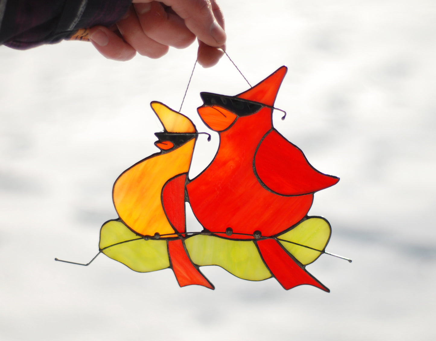 Handmade stained glass cardinal suncatcher — brilliant red bird window art, Mojoartglass