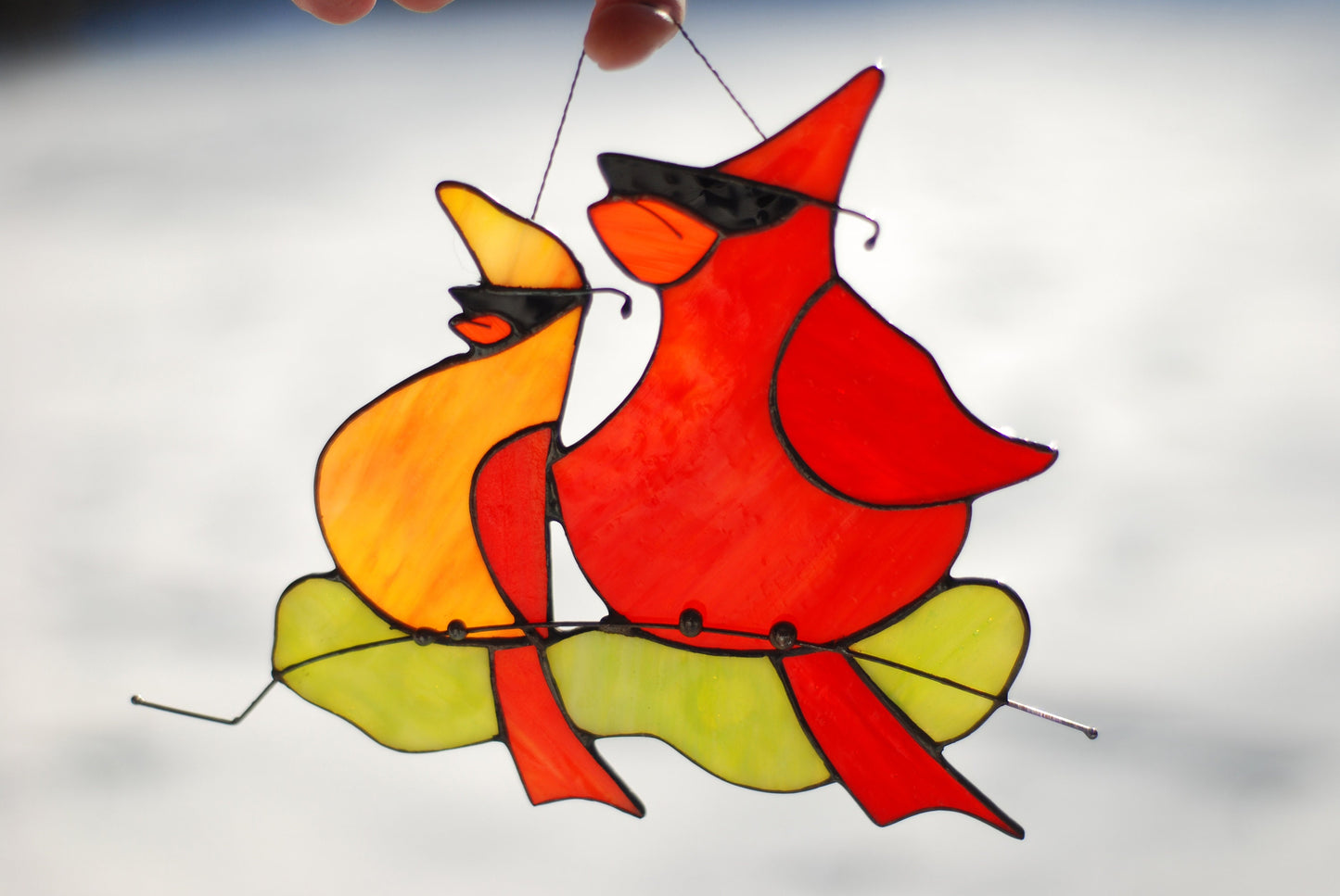 Red cardinal stained glass — crimson wings black mask crest, copper foil Tiffany method, made in Ukraine