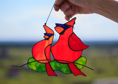 Handmade stained glass cardinal suncatcher — brilliant red bird with black mask, copper foil Tiffany method, Mojoartglass