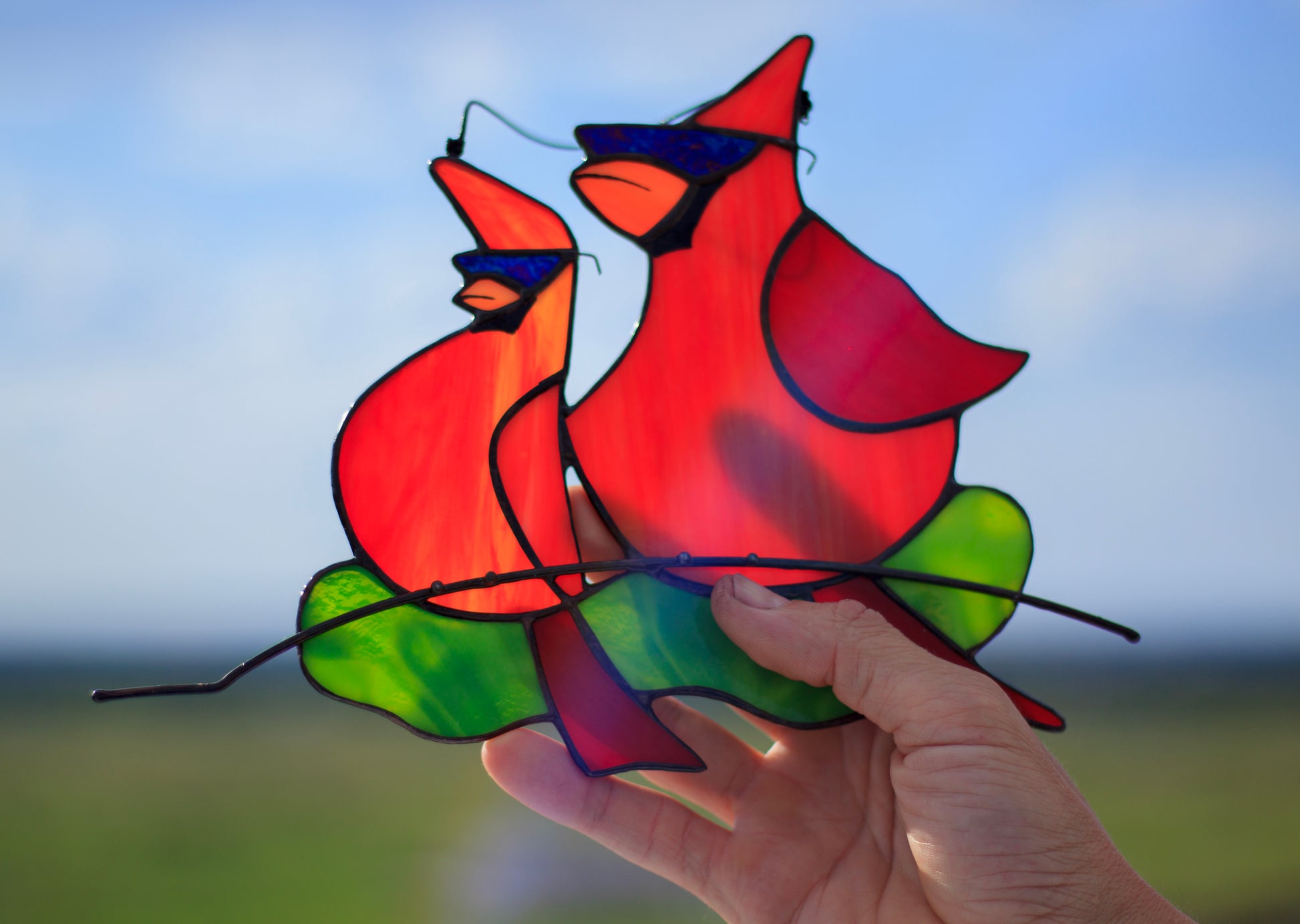Red cardinal stained glass window art — 8.3×6.7 inch horizontal suncatcher, memorial bird gift, made in Ukraine