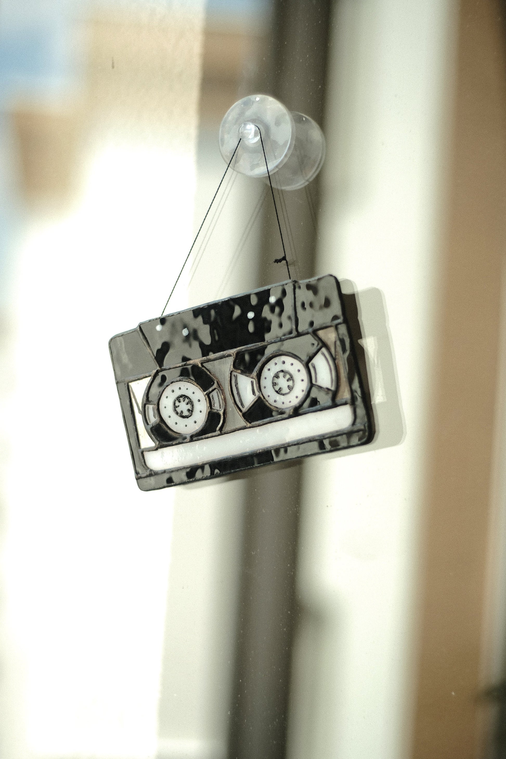 Handmade cassette tape stained glass suncatcher — retro 90s nostalgia window art gift for music lovers