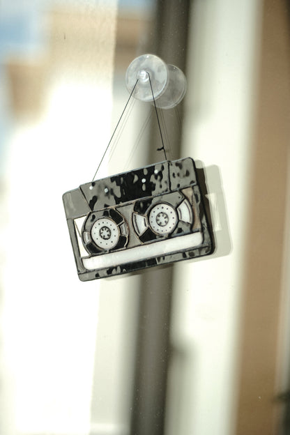 Handmade cassette tape stained glass suncatcher — retro 90s nostalgia window art gift for music lovers